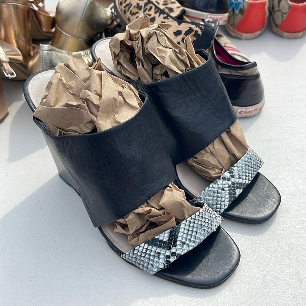 Snake Skin and Black leather wedges